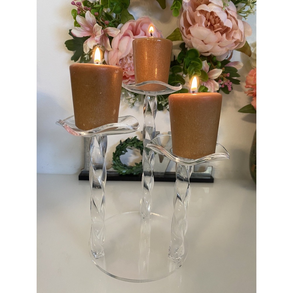Vintage Clear Acrylic MCM 3 Arm Tea Light Votive Twist Candle Holder Candelabra